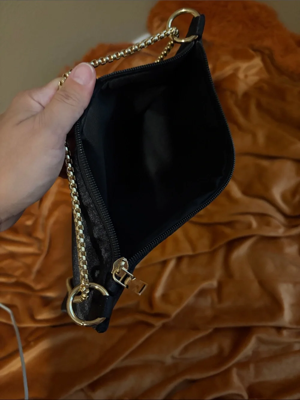 Black Nylon Clutch with Gold Chain Strap